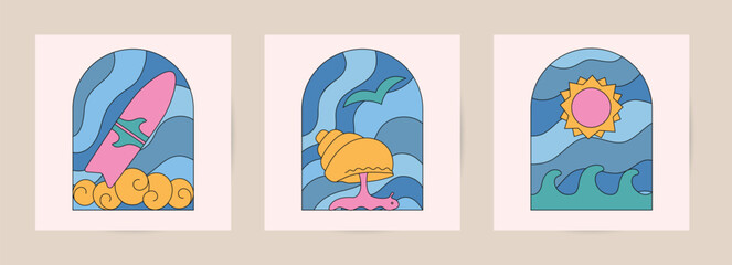 Groovy surf, ocean poster, card, sticker, wall art. Trendy retro abstract geometric landscape