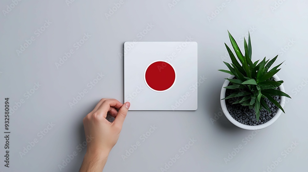 Poster take turns first person view hand holding a red circle sticker next to a computer screen showing a p