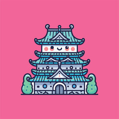 Fototapeta premium vector Japanese house with colorful lines and colors, cute characters
