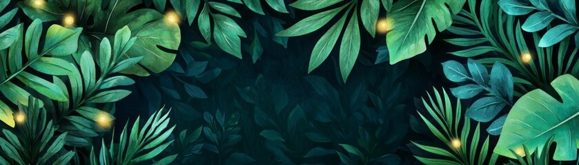 A vibrant tropical leaf border creating a lush, green frame with soft lighting for a natural and serene backdrop.
