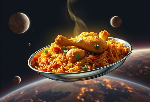 a plate of chicken biryani floating in outer space 
