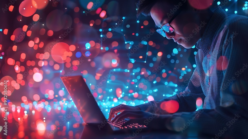 Poster man working on laptop in a futuristic setting
