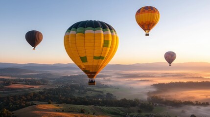 Obraz premium Colorful hot air balloons rising above a serene landscape at sunrise, creating a peaceful and scenic atmosphere.