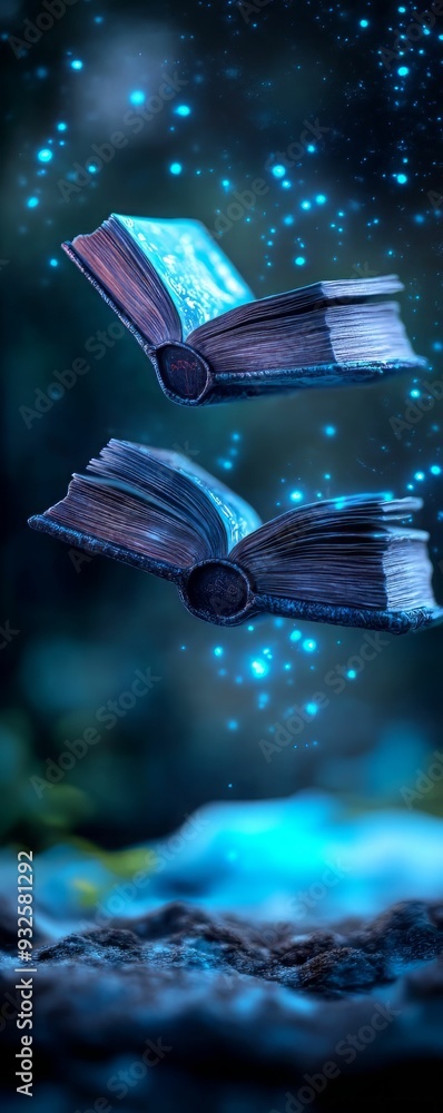 Aufkleber magical floating books with glowing pages, surrounded by shimmering orbs, creating an enchanting and