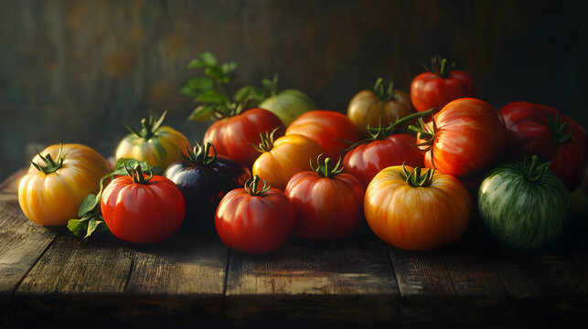 Vielfarbige Antique-Tomaten auf rustikalem Holztisch