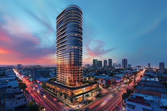 A tall building with a lot of windows is lit up at night