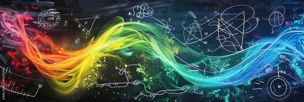 Poster vibrant waves of chalk strokes flow across a chalkboard, incorporating scientific formulas and diagr