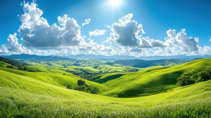 Fototapeta premium Rolling Green Hills Landscape with Blue Sky and Sun