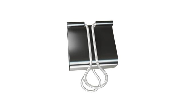 A realistic 3D animation of a silver binder clip rotating or moving on a white background. Perfect for office, business, or stationery themes.