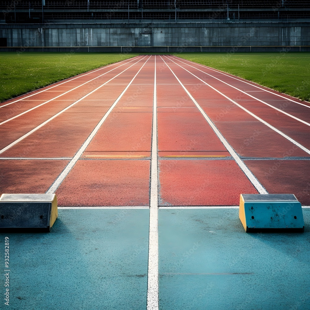 Poster vacant athletics track with starting blocks in a large stadium venue awaiting the next competitive e