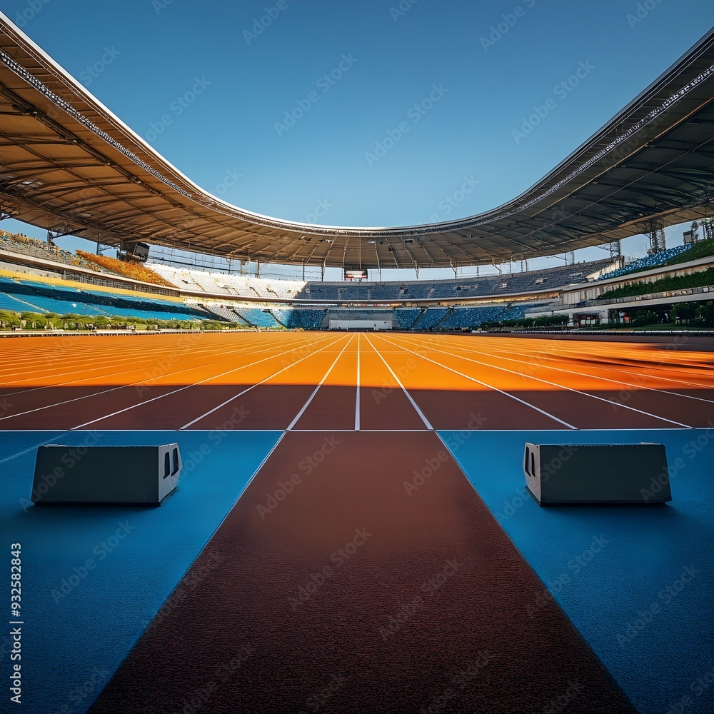 Poster Empty athletics track in a stadium setting with the track lanes and starting blocks visible providing a space for competitive running events and athletic competitions