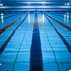 A competitive swimming pool with clear blue water and lane dividers ready for a race or athletic competition  The pool is set up for swimmers to compete in a swimming event or training session