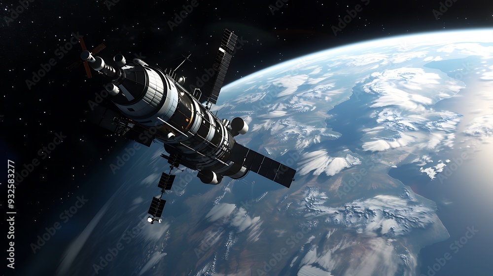 Poster spaceship orbiting earth