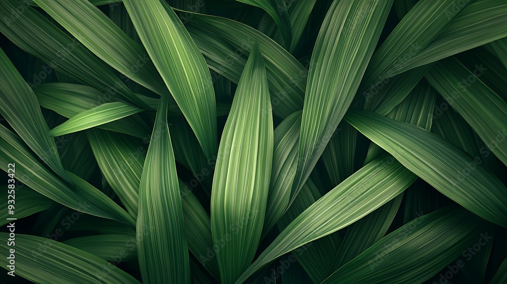 Poster lush green leaves with a striated pattern form a textured background.