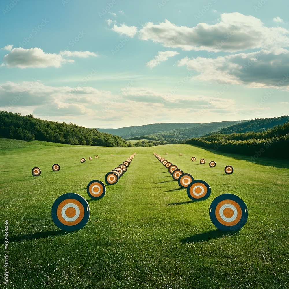 Poster archery range with targets set at various distances surrounded by lush green fields providing an ide