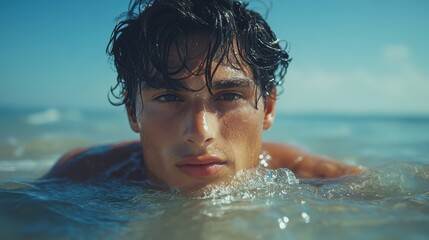 Young Man Swimming in Ocean Water with Blue Sky
