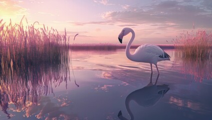 Fototapeta premium Beautiful Flamingo Silhouette in Serene Waters at Sunset with Breathtaking Grass Landscape Background