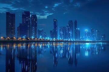 Fototapeta premium A city skyline is reflected in the water