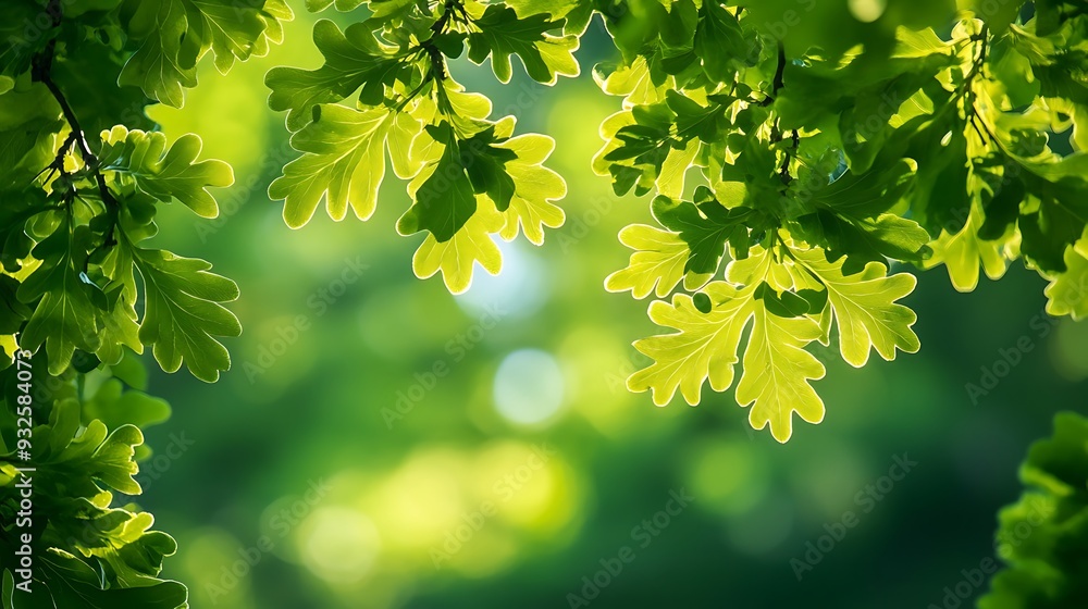 Poster lush green oak leaves with sunlight filtering through in a forest setting.