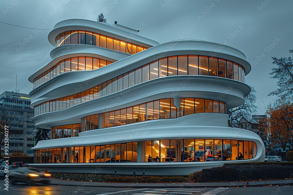 Poster a tall building with many windows and a curved design