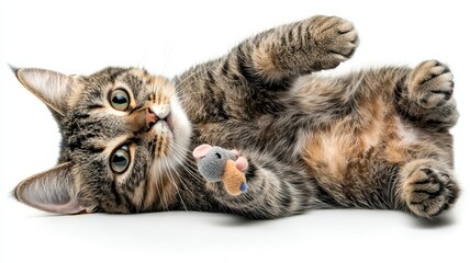 Fototapeta premium A playful tabby cat lying on its back, holding a toy mouse with curiosity and joy. Perfect for animal lovers and pet-related content.