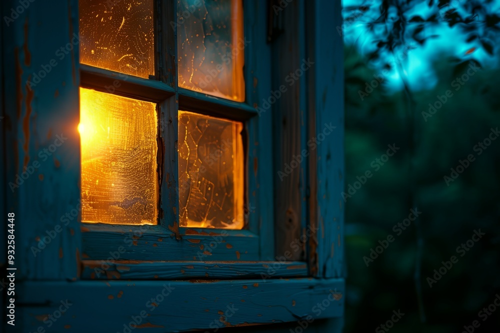 Poster a window with a yellow light shining through it. the window is dirty and the light is the only thing