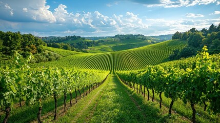 Picturesque Vineyard Landscape with Lush Green Vines and Rolling Hills