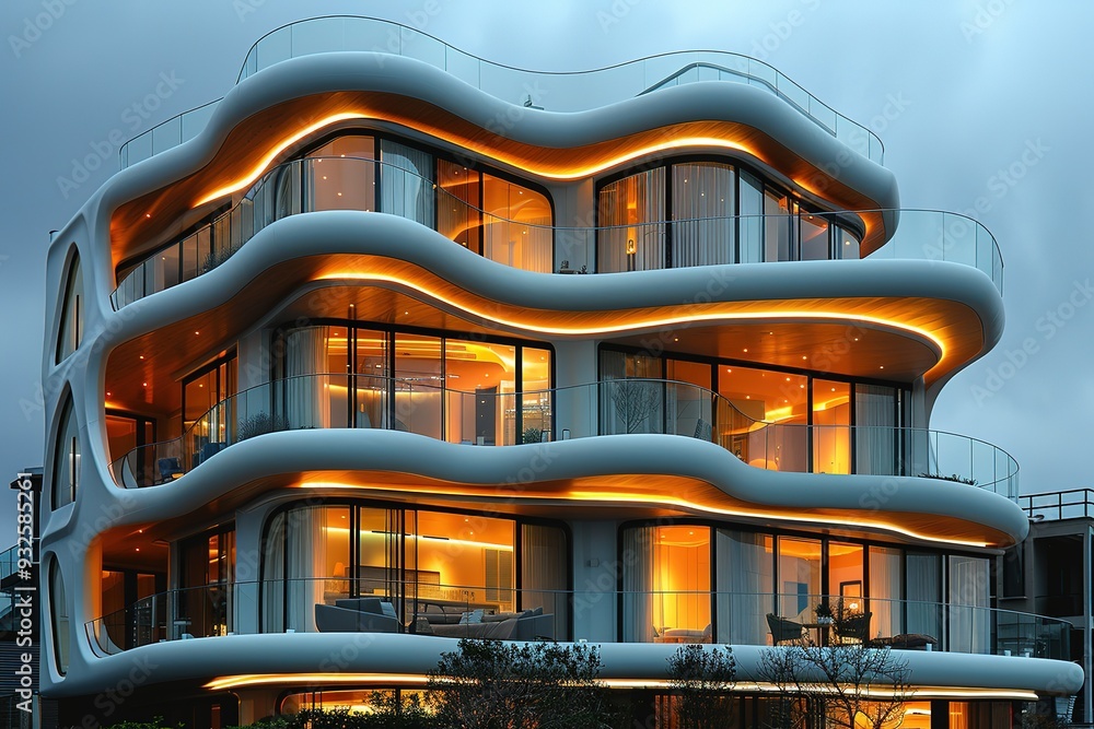 Poster a tall building with a lot of windows and a curved design