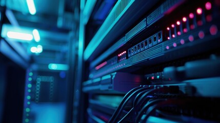 A close-up of a data center's server rack, where blinking LED lights indicate constant processing, the cables neatly organized, the sleek, metallic surfaces of the servers reflecting the soft blue