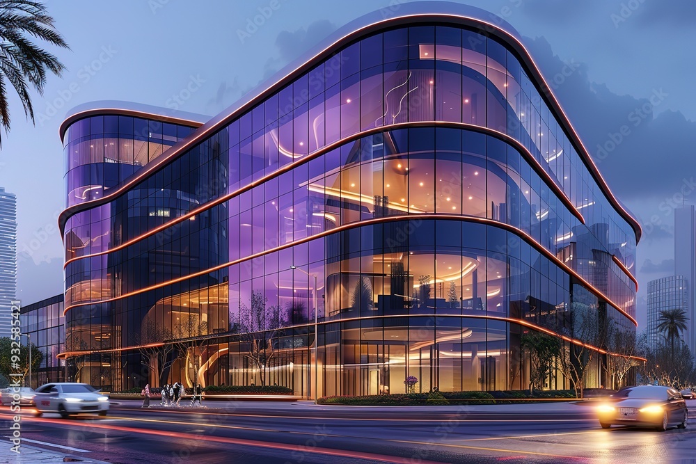 Poster a large glass building with a purple tint and a tree in front of it