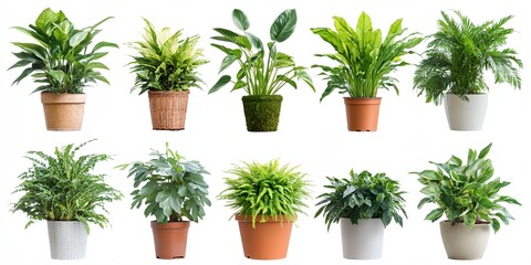A row of potted plants with different sizes and shapes. The plants are arranged in a row, with the tallest one in the middle and the shortest one on the far left. The plants are all green
