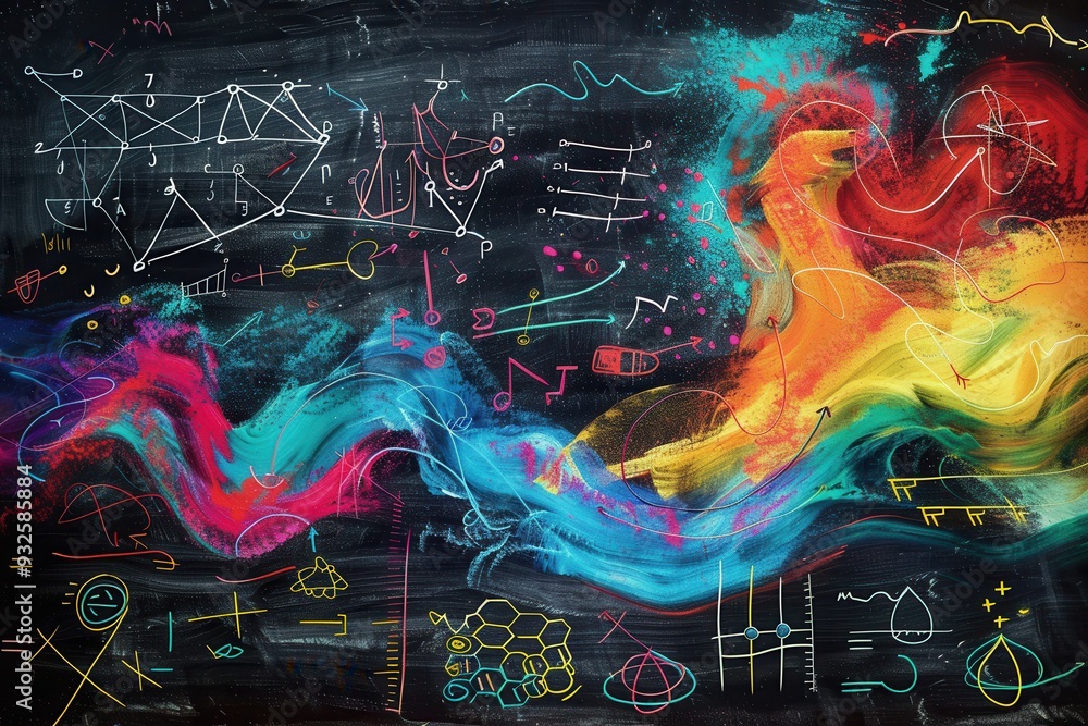 Leinwandbilder A chalkboard adorned with sweeping colorful chalk strokes alongside subtle scientific diagrams captures the essence of creativity and learning. Generative AI