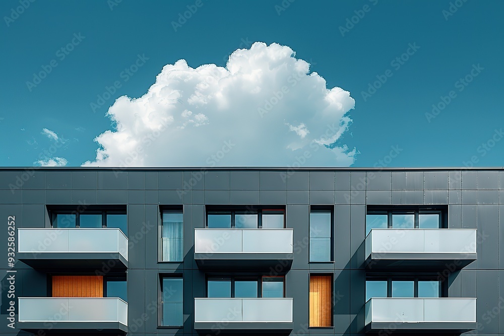 Poster a large building with a cloudy sky in the background