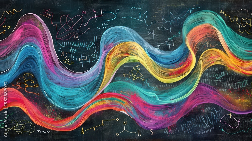 Poster a vibrant chalkboard displays flowing waves of colorful chalk with integrated scientific formulas an