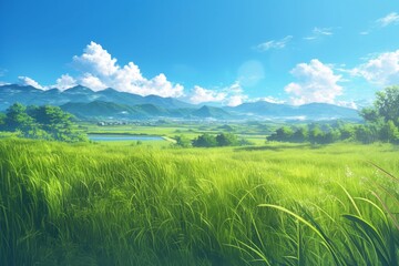 Fototapeta premium Serene Anime Landscape. Lush Green Meadow under a Bright Blue Sky