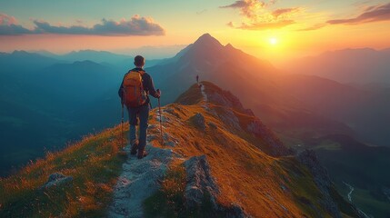 Fototapeta premium Adventurous Hiker Walking Mountain Ridge at Sunset with Backpack
