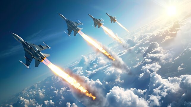 Military jet squadron breaking through clouds with synchronized formation for aerial power precision speed defense capability advanced aviation force concept.