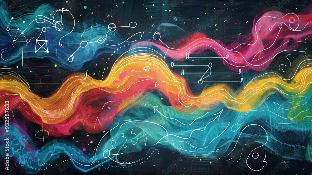 Aufkleber vibrant chalk strokes twist across a chalkboard, blending colors while integrating scientific symbol