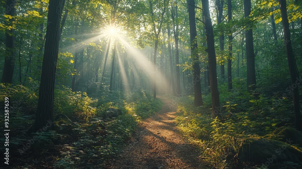 Poster sunbeams through forest trees on path