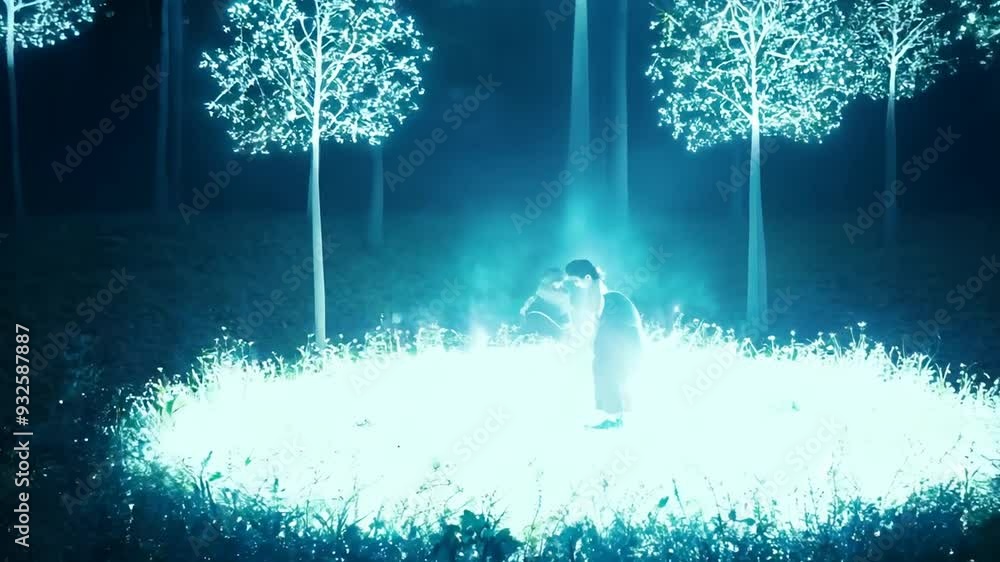 Poster ethereal glow in a forest at night with two figures embracing generative ai
