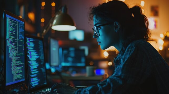 A programmer deeply engrossed in writing code on their laptop in a dimly lit room, multiple screens around them display data and machine learning models, the soft glow of LED lights adds to the
