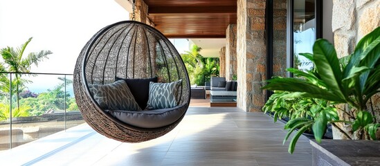 A Hanging Wicker Chair on a Modern Patio with a View