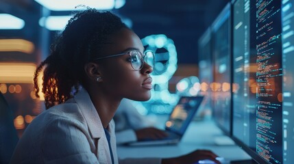 A team of data scientists working in an open office space surrounded by high-tech screens displaying complex data visualizations, one of them intensely analyzing code on their laptop, while in the