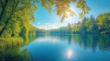 Fototapeta premium Tranquil Forest Lake with Lush Green Trees and Blue Sky