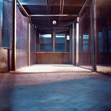 Batting Cage for Baseball Training and Practice   A baseball batting cage with a pitching machine and netting surrounding it