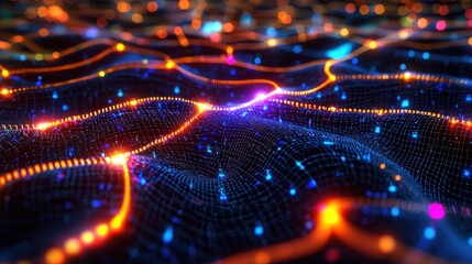 Fototapeta premium A close-up of a neural network visualization on a high-tech display screen, the intricate web of connections glowing with vibrant colors, representing data flow and machine learning processes, the
