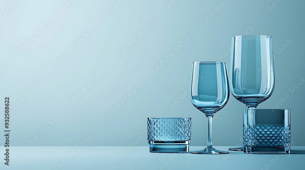 Poster take turns semi close-up blue glassware with intricate textures arranged on a minimalist table cool 