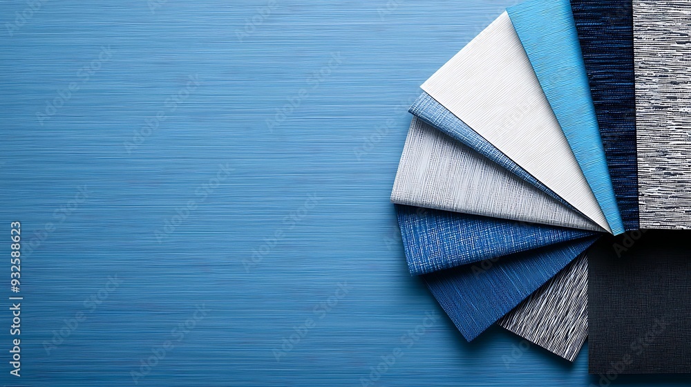 Poster take turns close-up textured blue wallpaper sample spread on a table with matching swatches around c
