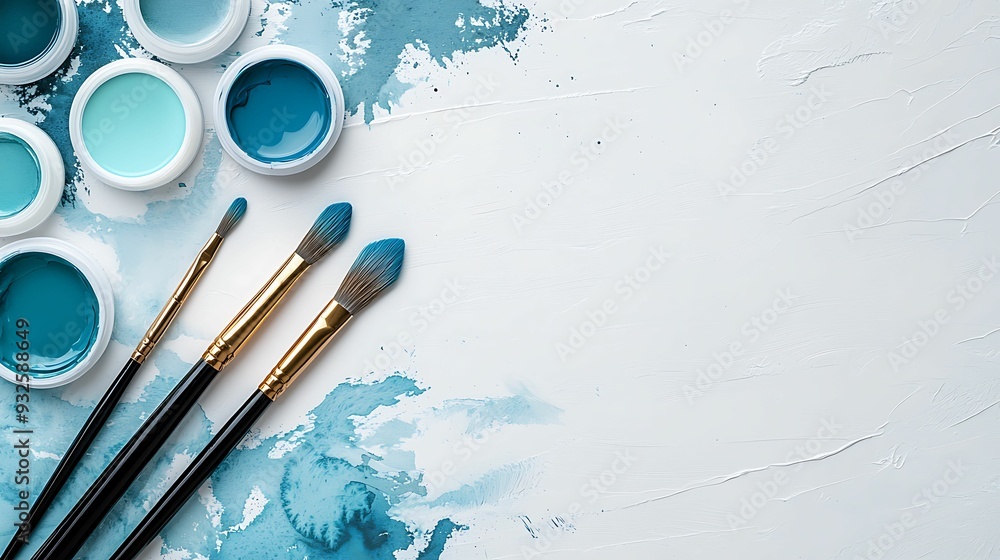 Aufkleber take turns top view flat lay of blue watercolor paints and brushes arranged on a clean surface creat