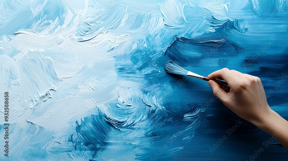 Aufkleber take turns first person view hand mixing blue paint on a palette varying cool tones and textures cre